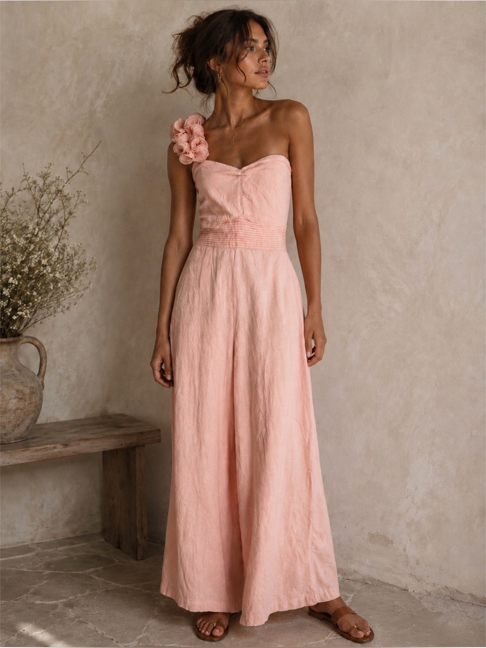 Bebe Linen Blend Rosette Floral Pleated Strap One Shoulder Wide Legs Jumpsuit 12